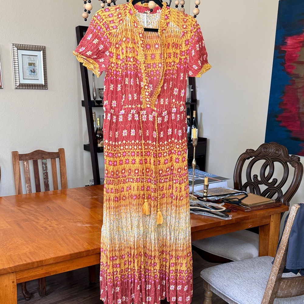Free People Boho Floral Tie-Front Maxi Dress in Mustard and Rust